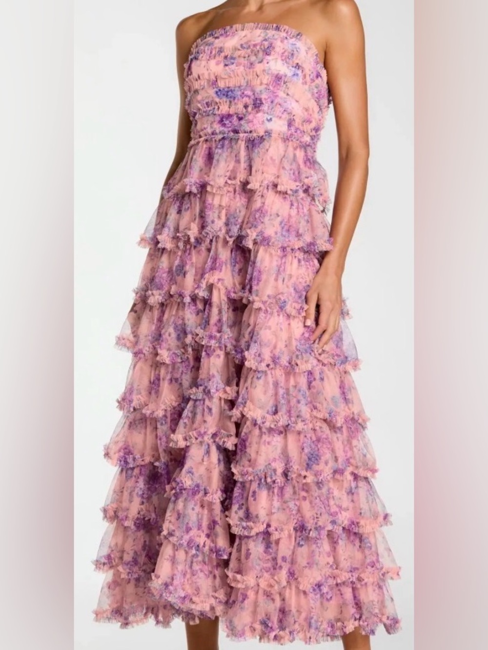 Mac Duggal Printed Mesh Strapless Ruffle MIDI Dress Sz 8 Orchid Multi Like New
